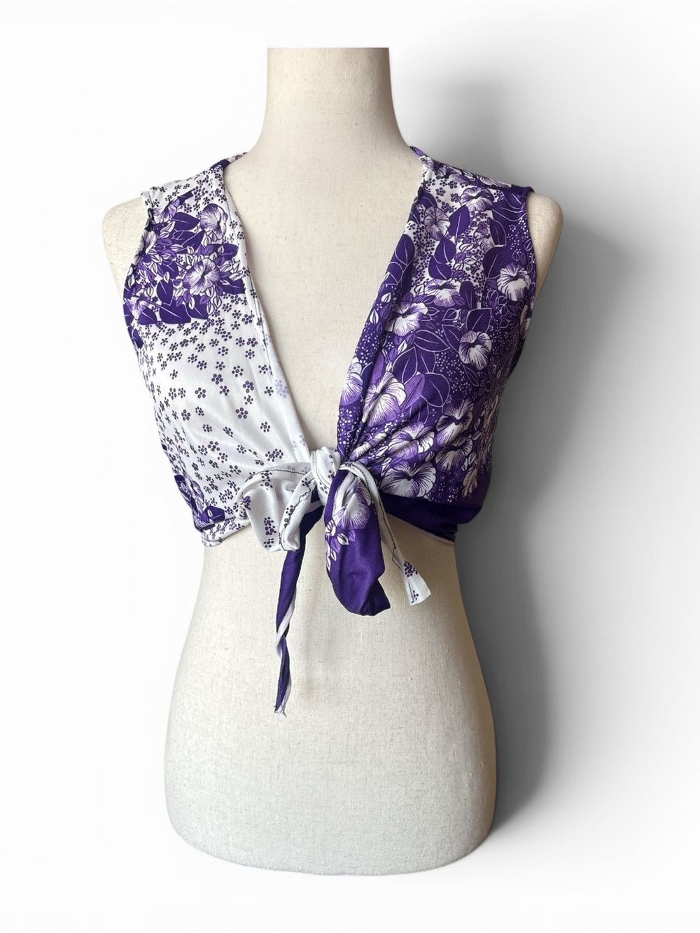 Handmade Purple Floral Tie-Front Crop Tank Top